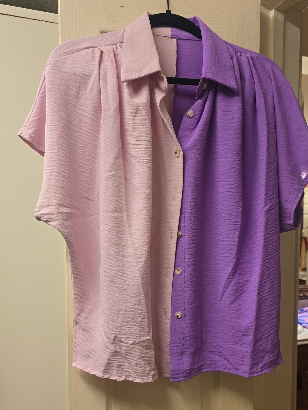 Two-Tone Pink and Purple Short-Sleeve Button-Up Shirt